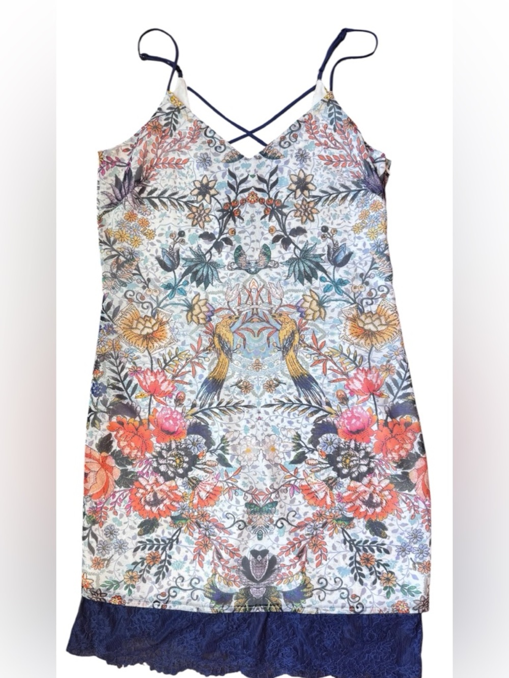 Adelyn Rae Floral Bird Print Slip Dress Navy Lace Trim Boho V Neck Small